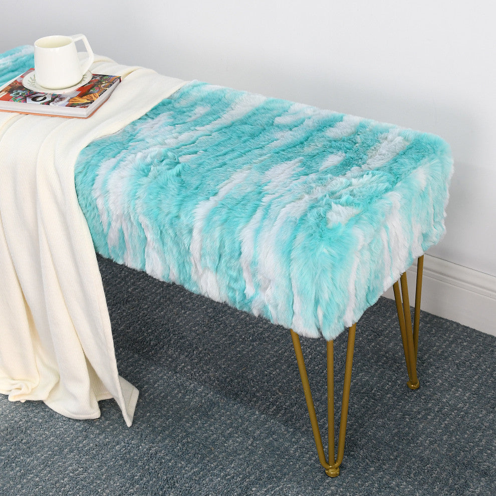 Soft Faux Fur Ottoman Fuzzy Entryway Bench Seat, Blue, 46"x16"x22"