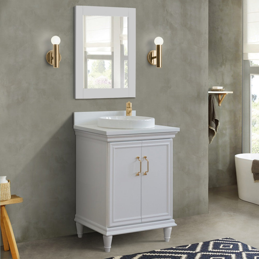 25" Single Vanity, White Finish With White Engineered Stone Top And Round Sink