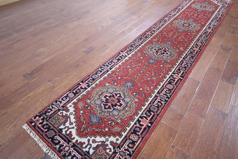 Oriental Heriz Serapi Red and Navy Blue Floral Hand-Knotted Wool Rug, 3'x12'