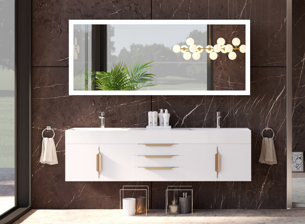 CastelloUSA Amazon 72" Wall Mounted Vanity Set, White, White Top, Gold Handles