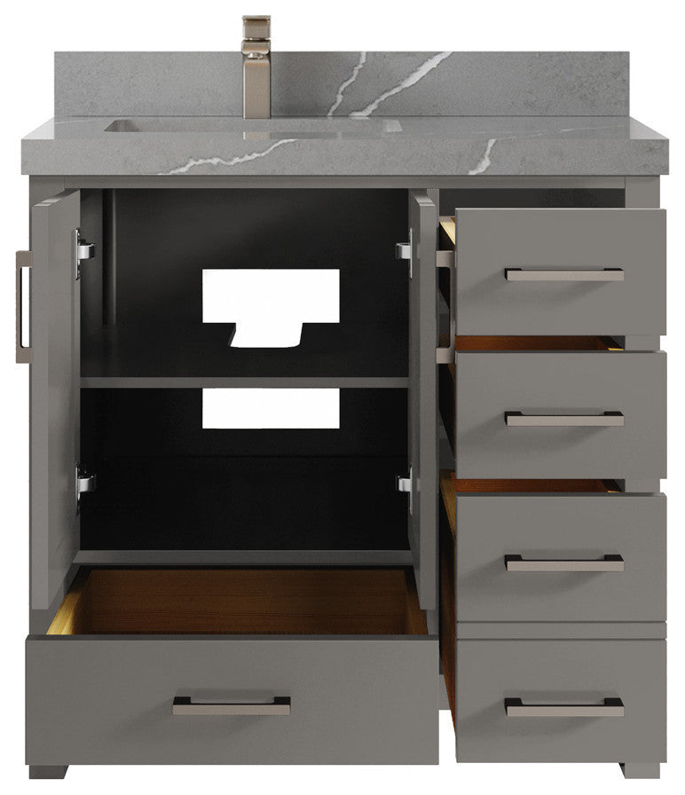 Malibu 36 Left Offset Bath Vanity in Elephant Skin Gray 2" Piatra Gray