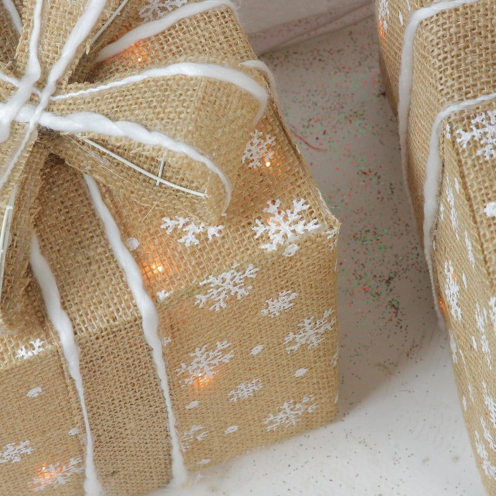 Snowflake Burlap Gift Boxes Christmas Decorations, 3-Piece Set
