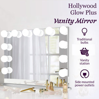 Hollywood Glow Plus Vanity Mirror, Glossy White, Frosted Bulbs, Non-Bluetooth
