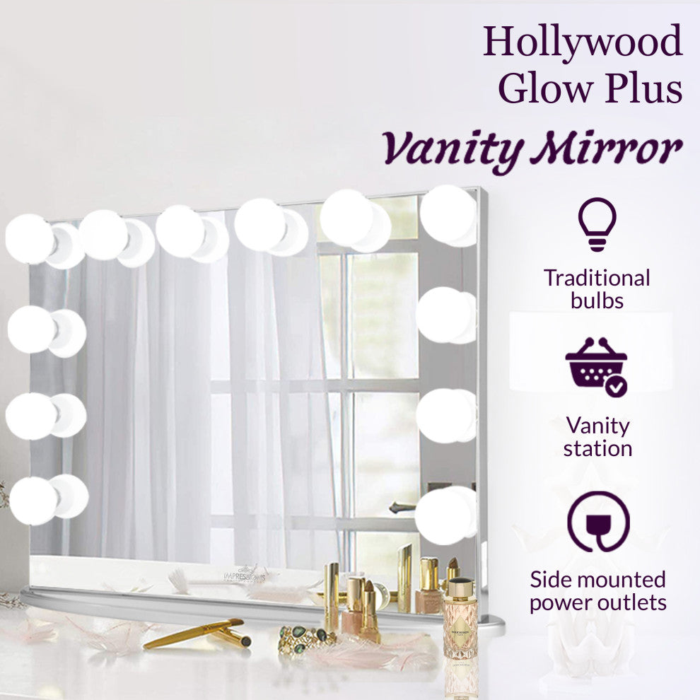 Hollywood Glow Plus Vanity Mirror, Glossy White, Frosted Bulbs, Non-Bluetooth