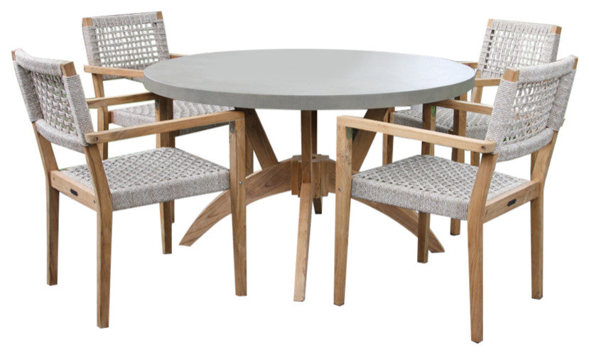 4 Person Round Teak and Composite Dining Table With Stacking Rope Chairs