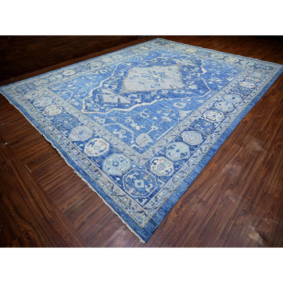 Blue Anatolian Village Inspired Soft Wool Hand Knotted Oversized Rug 11'9"x15'1"
