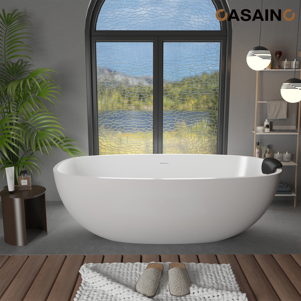 71in White Solid Surface Freestanding Soaking Bathtub with Drain