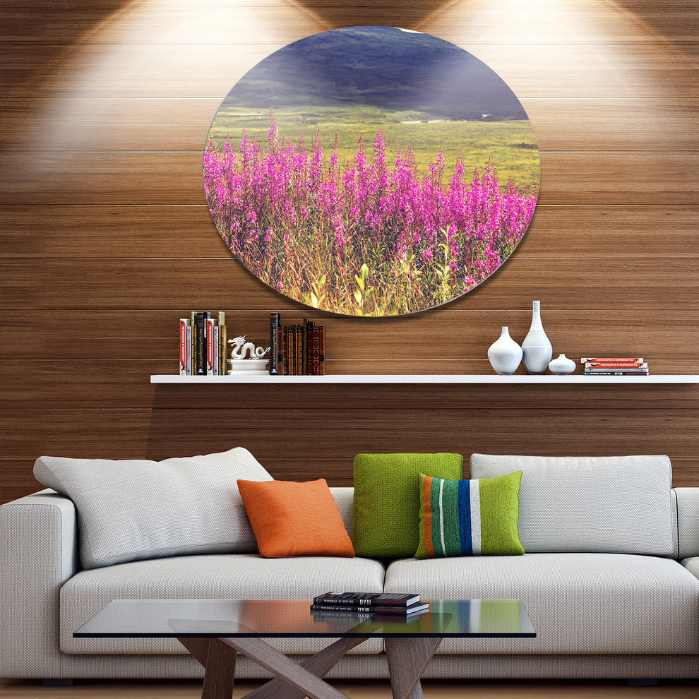 Purple Flowers In Mountain Pasture, Floral Round Wall Art, 11"