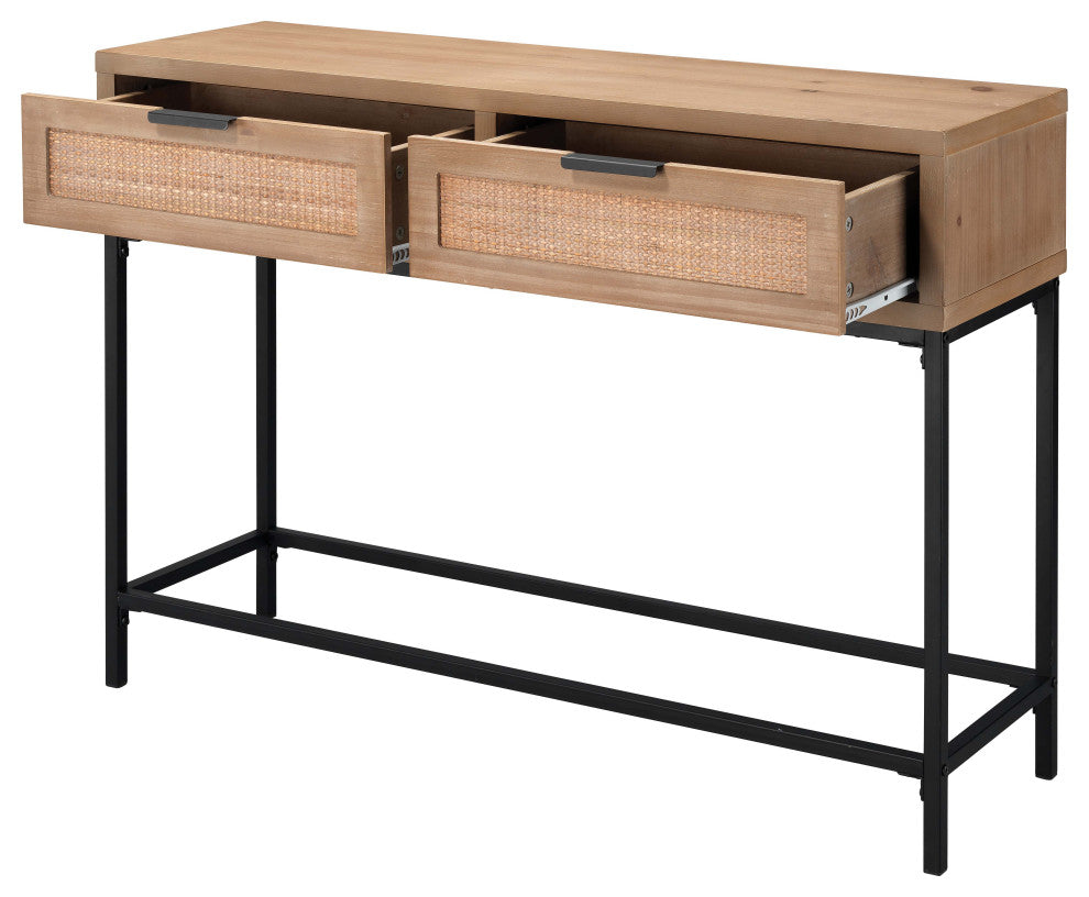 Luxe Woven Raffia Front 2 Drawer Console Table Casual Light Wood 40"