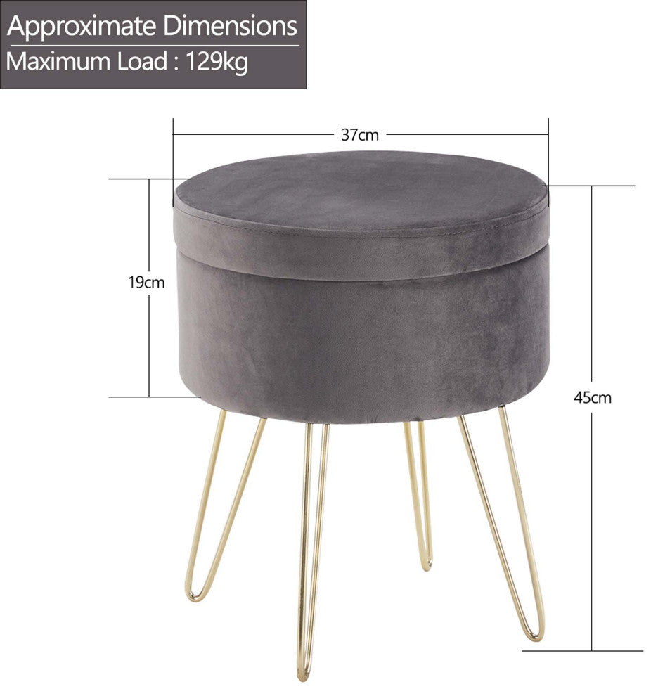 Round Storage Velvet Vanity Stool with Removable Lid, Grey