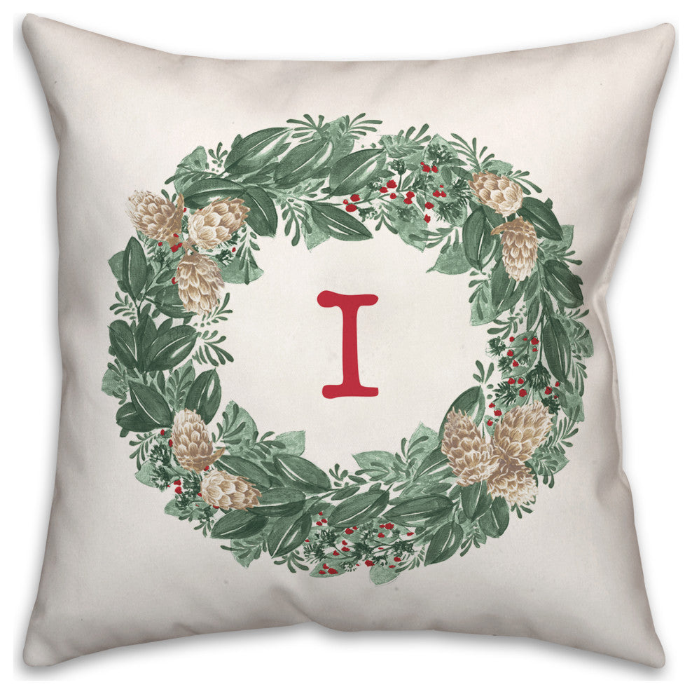 Christmas Wreath Monogram I 18x18 Spun Poly Pillow