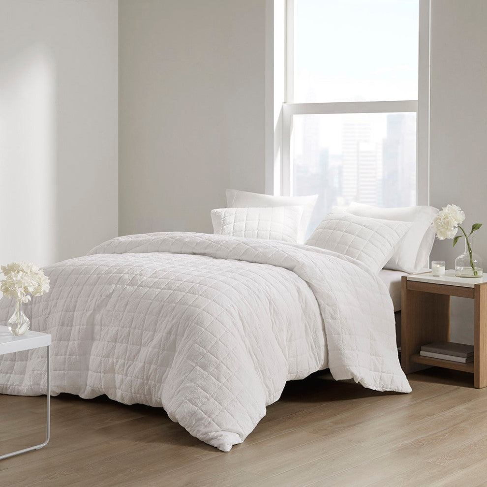 N Natori Cocoon Crushed Microfiber Quilted Comforter/Duvet Cover Set, White, Ful