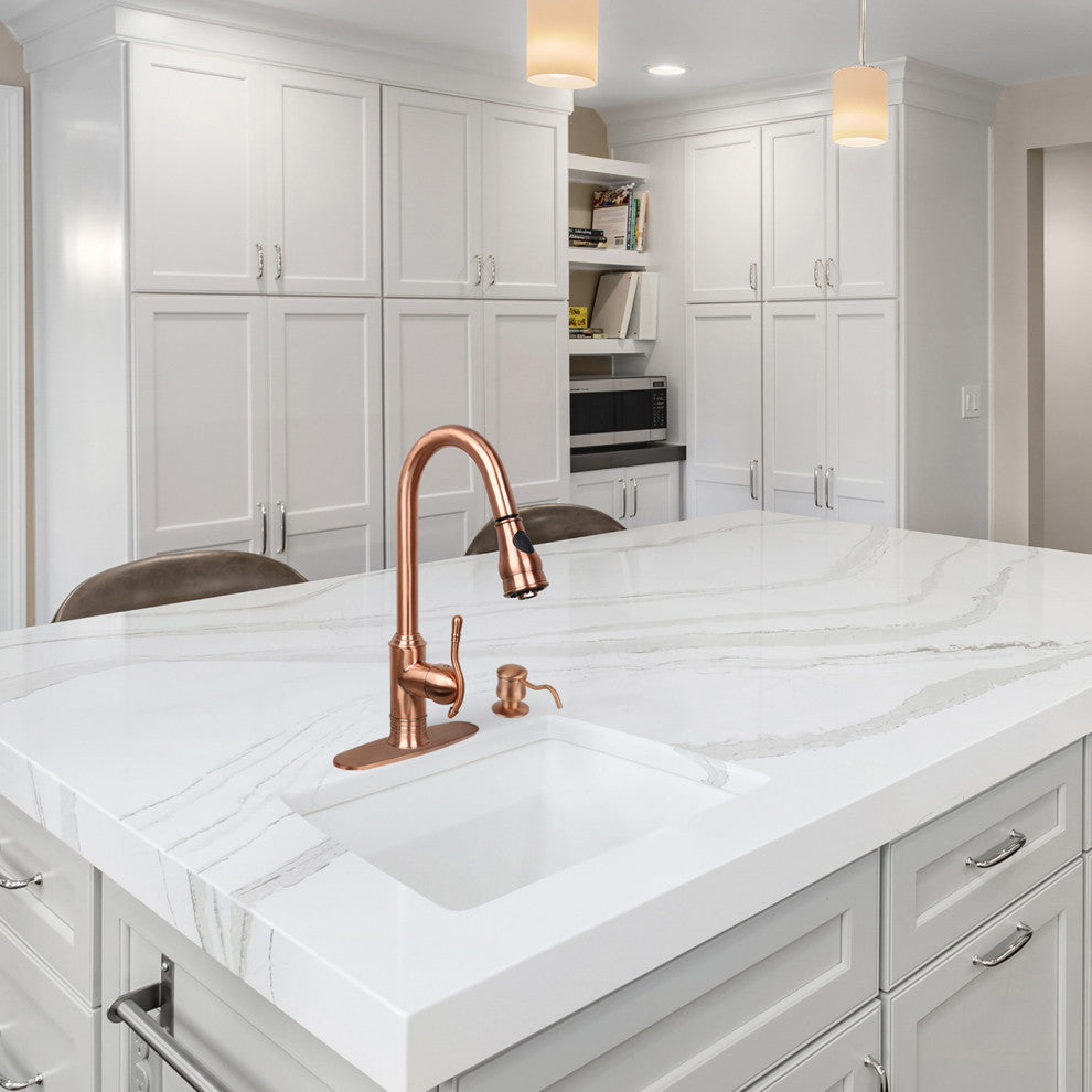 Copper Pull Down Kitchen Faucet With Soap Dispenser and Deck Plate, All, One