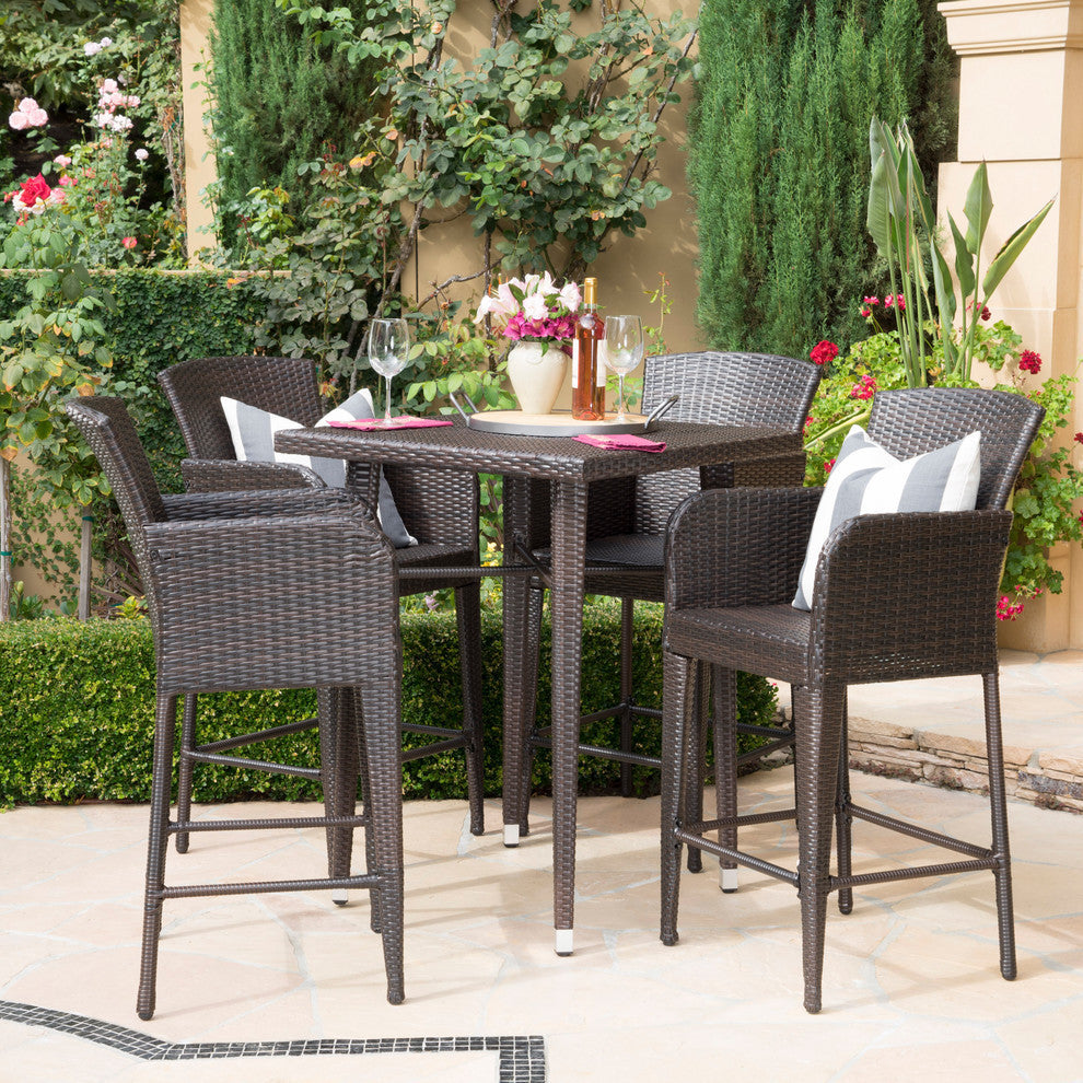 GDF Studio 5-Piece Landan Outdoor Multi-Brown Wicker 32.5" Square Bar Table Set