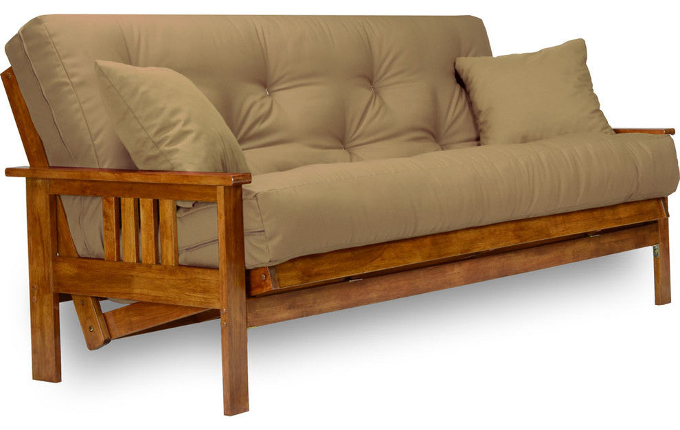 Stanford Futon Sleeper Sofa Bed, Frame, 8" Mattress, Microfiber Sussex Khaki, Queen