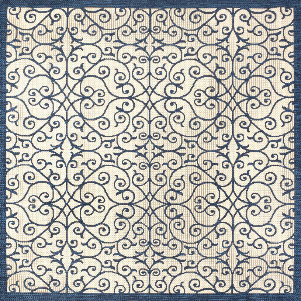 Madrid Vintage Filigree Textured Weave Indoor/Outdoor, Navy/Beige, 5' Square