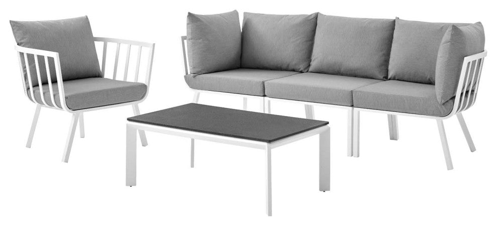 Lounge Sectional Sofa Chair Set, Aluminum, Metal, White Gray, Outdoor