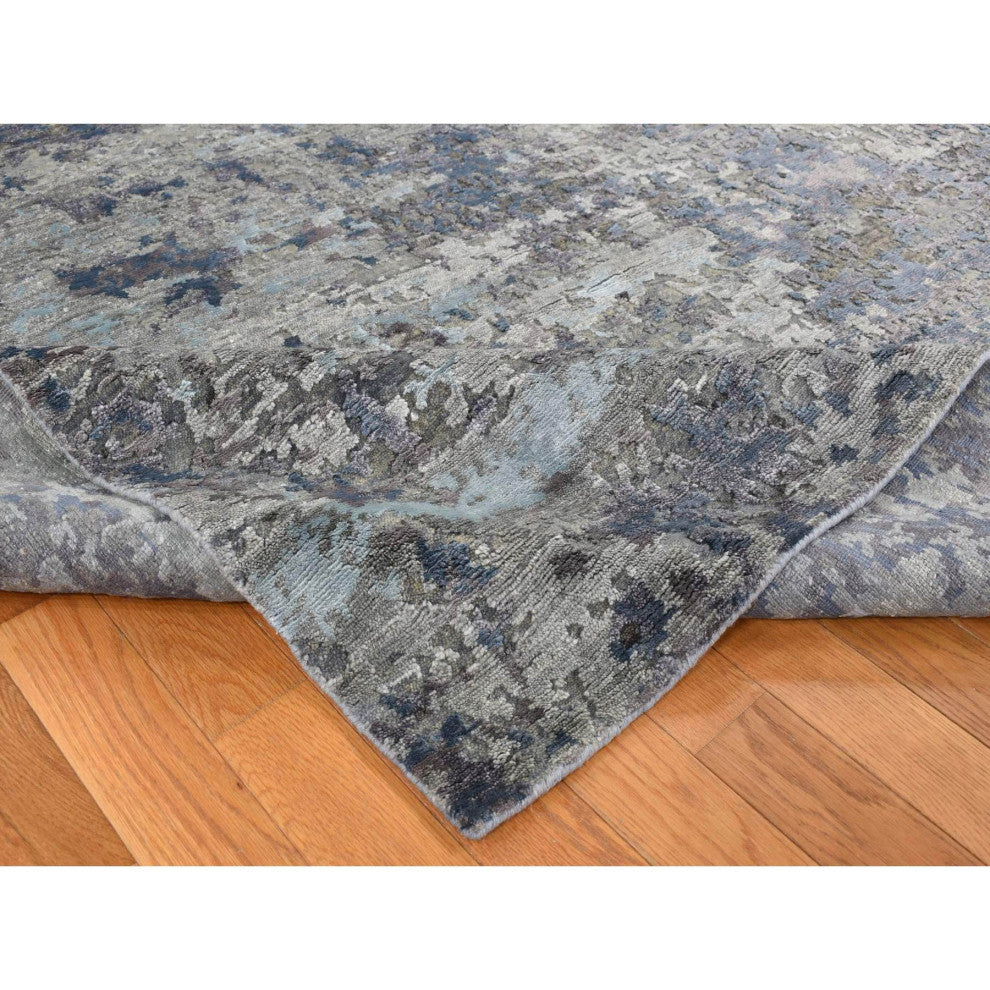 Gray Modern Abstract Design Wool and Silk Hand Knotted Rug 7'10" x 9'9"