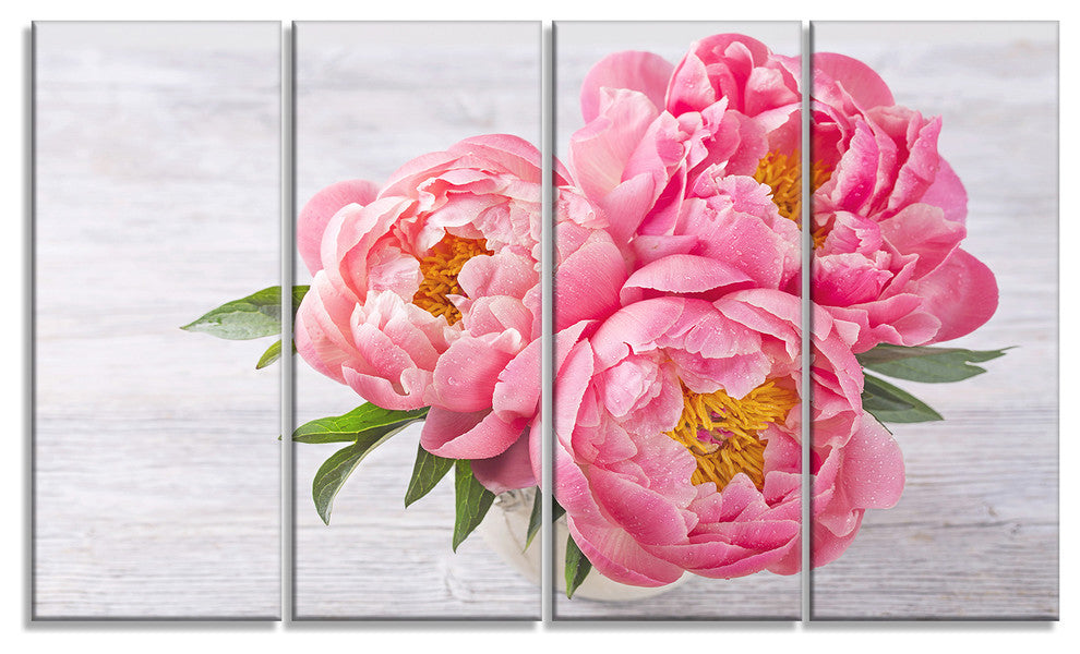 Bunch of Peony Flowers In Vase, Floral Canvas Art Print, 48"x28", 4 Panels