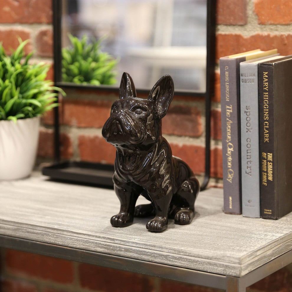 Ceramic Sitting French Bulldog Figurine With Pricked Ears, Gloss Black