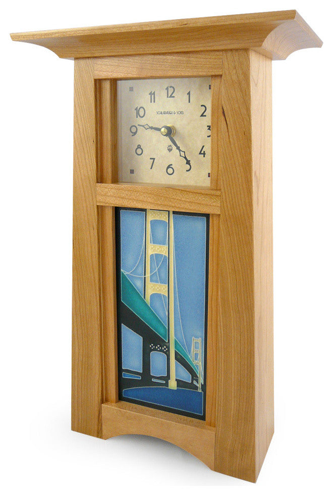Craftsman Style Cherry Mantel Clock with Suspension Bridge Tile