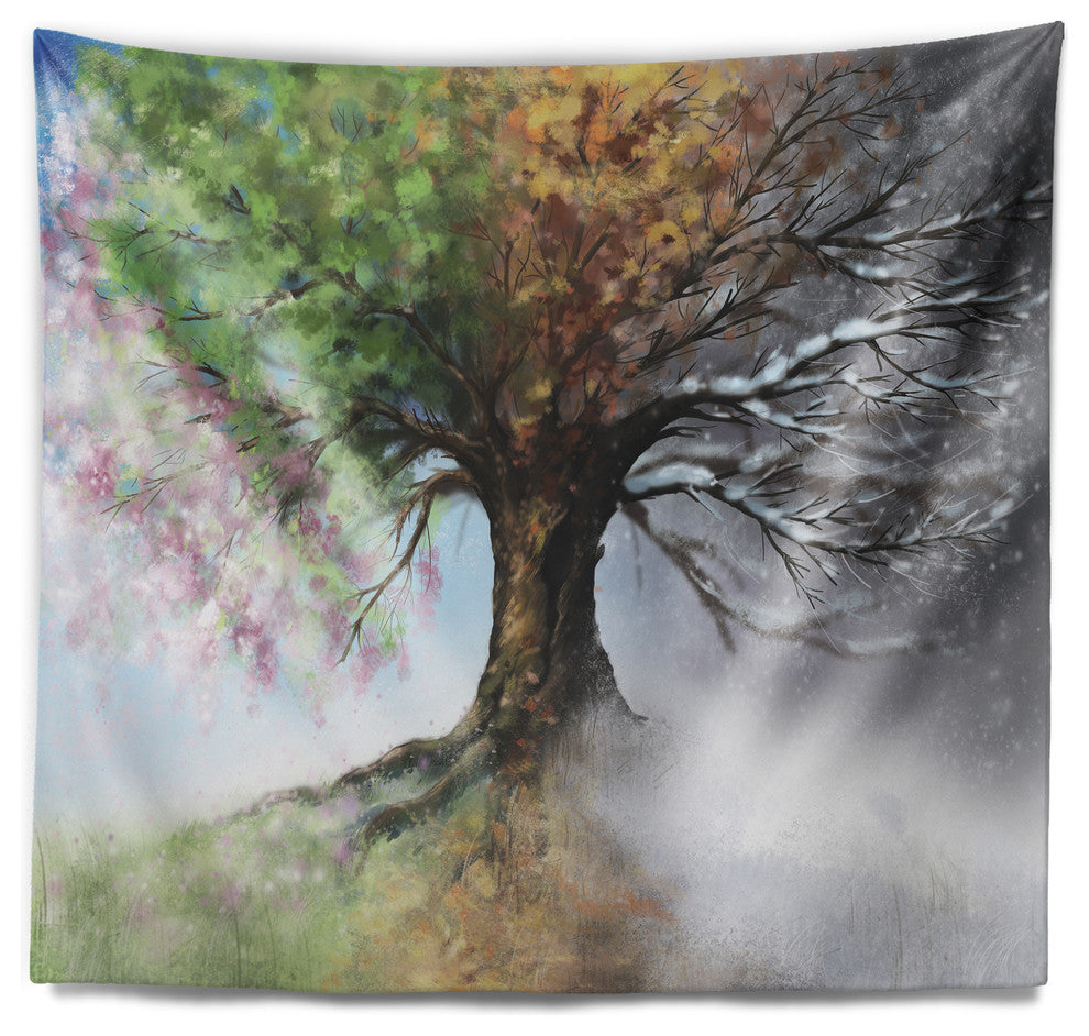Tree with Four Seasons Tree Painting Wall Tapestry, 60"x50"