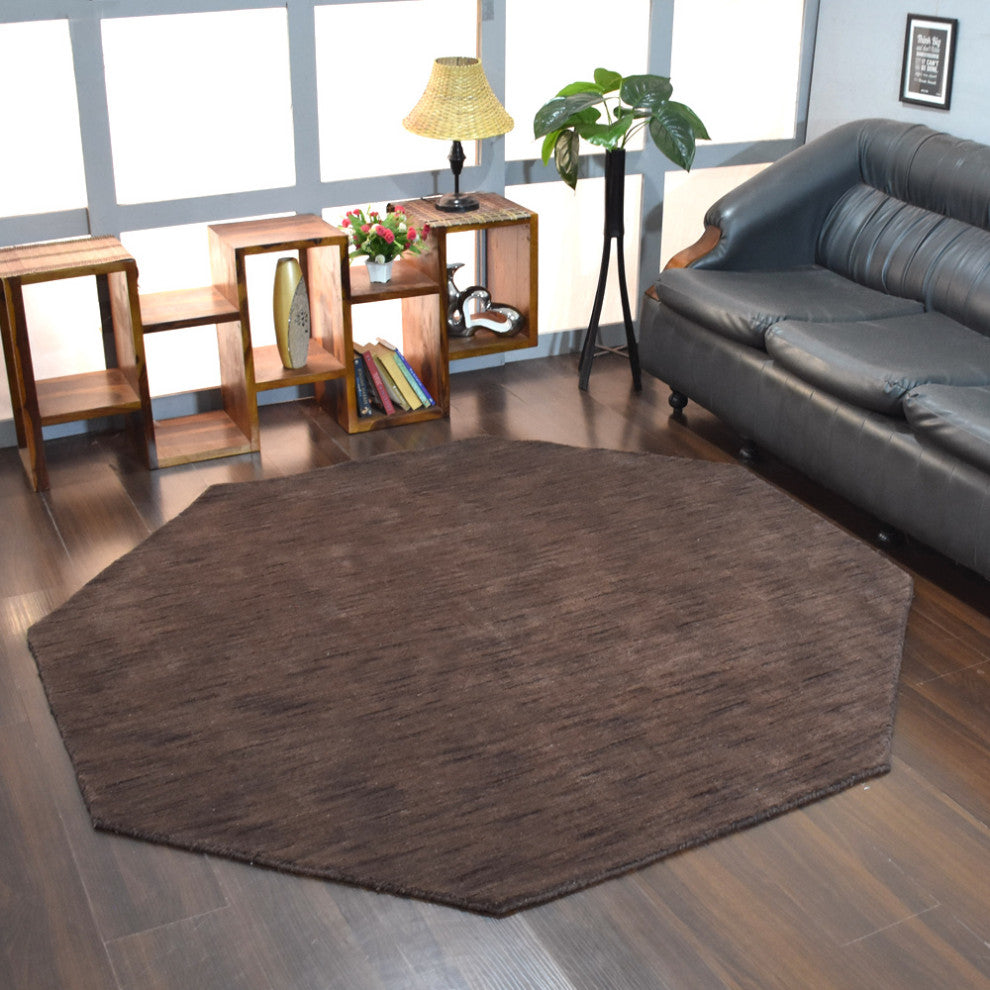 HAND KNOTTED LOOM WOOL ECO-FRIENDLY AREA RUGS, Brown, Solid Design, [Octagon] 6'x6'