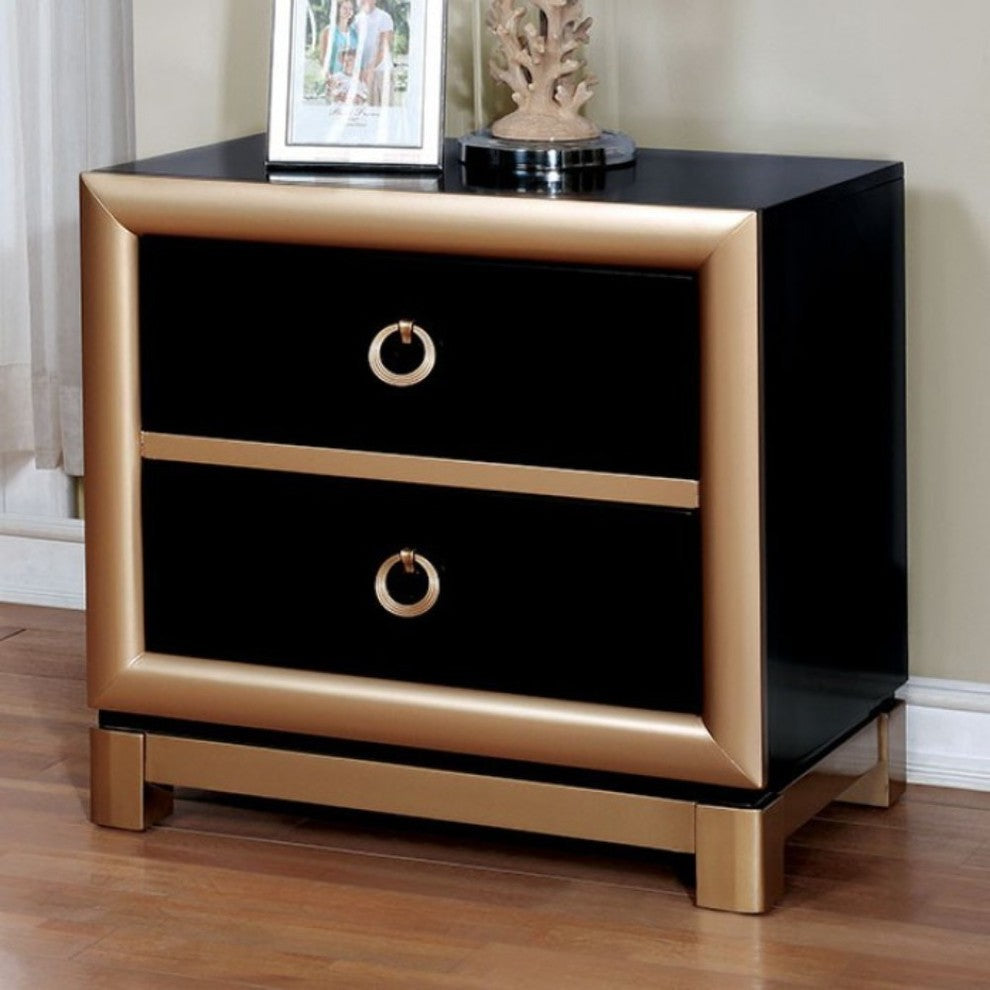 Wooden Night Stand With 2 Drawers Black and Gold