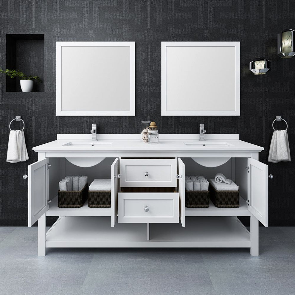 Manchester 72" White Double Sink Bathroom Vanity Set, Faucet-Fft9161bn