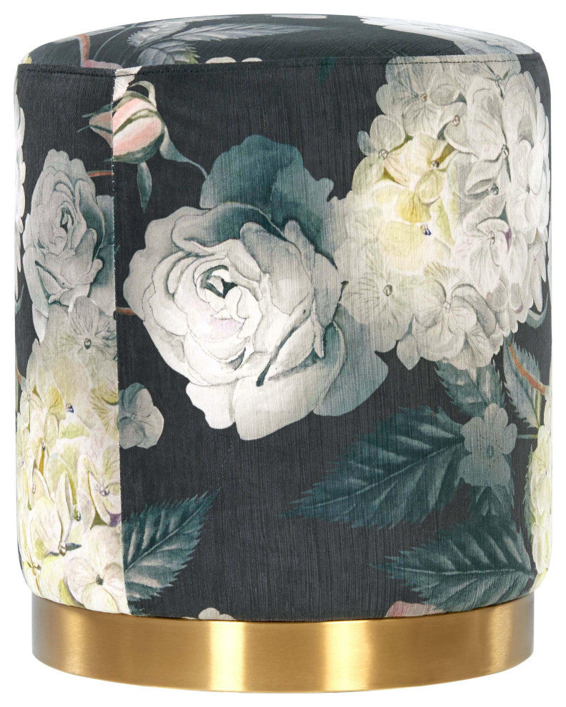 Opal Floral Velvet Ottoman with Gold Base