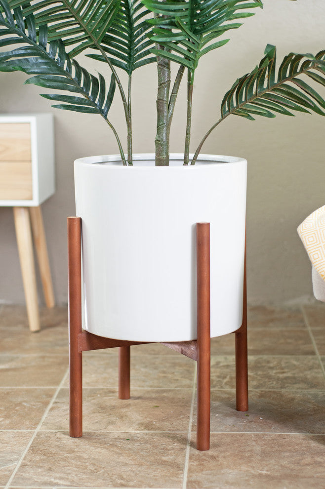 Large Ceramic Planter Pot Cylinder Planter 13" White With Plant Stand Walnut
