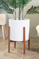 Large Ceramic Planter Pot Cylinder Planter 13" White With Plant Stand Walnut