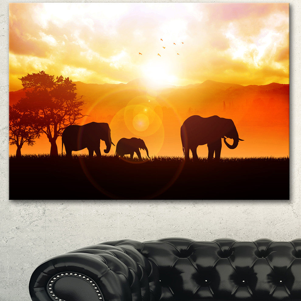 Elephants Walking At Sunset, African Canvas Art Print, 40"x30"