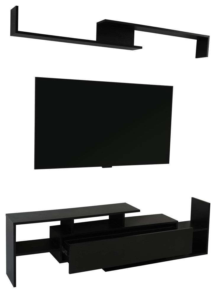 60.2'' 2 Pc 1-Drawer Floating TV Stand Media Console with Open Shelves, Ebony