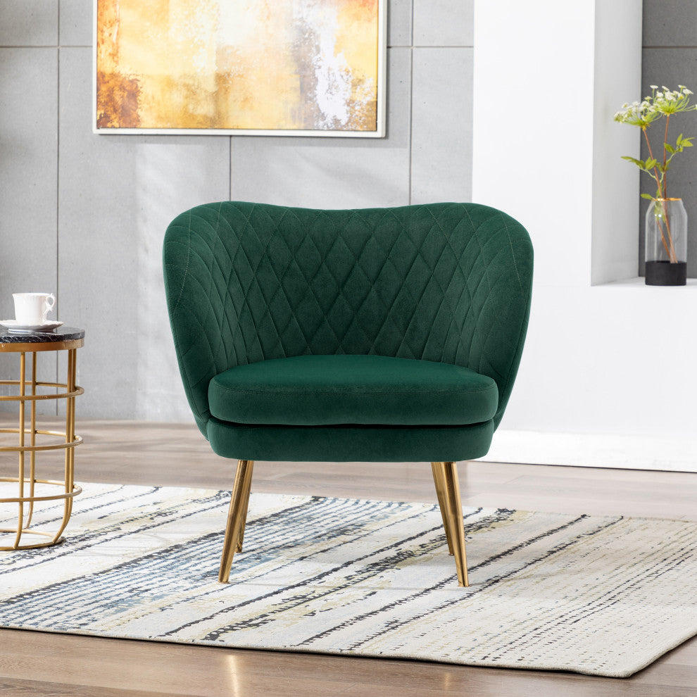 Glam Upholstered Velvet Barrel Accent Chair, Dark Green