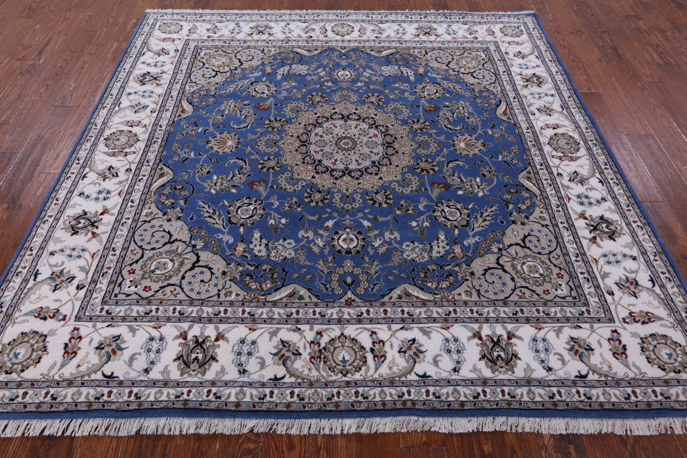 8' Square Persian Nain Wool & Silk Handmade Rug - Q13155