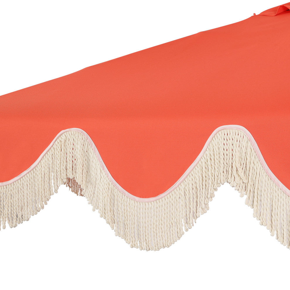 9ft Tassel Patio Umbrella Auto-Tilt, Crank, Red, 107L x 107W x 99H