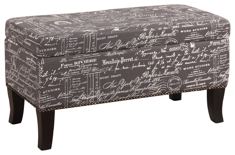 Benzara Fabric Upholstered Wooden Ottoman with Script Pattern, Gray and Black