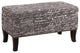 Benzara Fabric Upholstered Wooden Ottoman with Script Pattern, Gray and Black