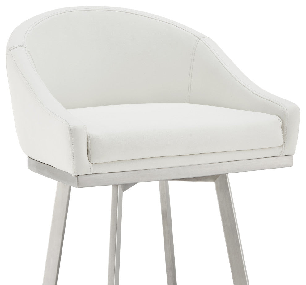Noran Swivel Counter Stool, Brushed Stainless Steel With White Faux Leather