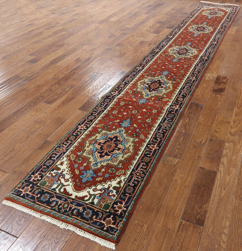 Red & Blue 3'x16 Heriz Serapi Runner Hand Knotted Wool Rug H9250