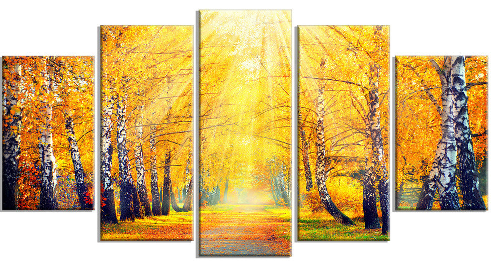 Yellow Autumn Trees in Sunray, Large Landscape Canvas Print, 60"x32", 5 Panels