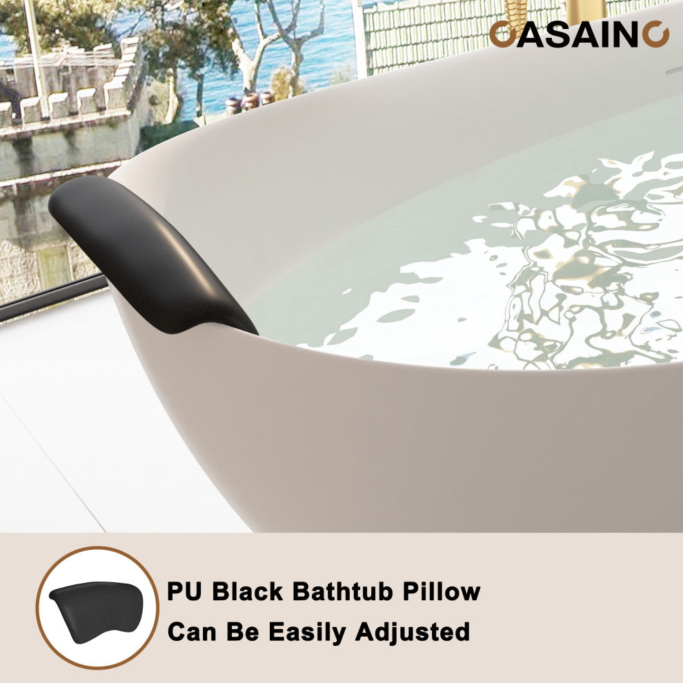 59in White Solid Surface Freestanding Soaking Bathtub with Drain, 67in