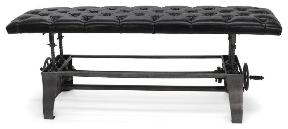 Crescent Industrial Dining Bench - Adjustable Iron Base - Black Leather Seat