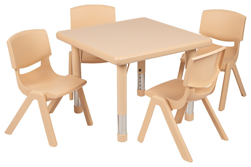 24" Square Natural Plastic Height Adjustable Activity Table Set with 4 Chairs