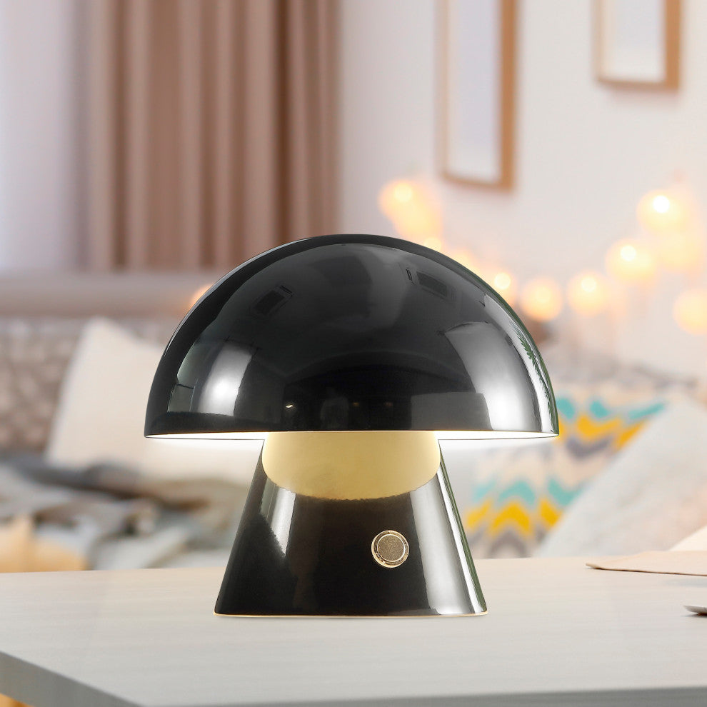 Porcini 7" Rechargeable/Cordless Iron Integrated LED Mushroom Table Lamp, Black