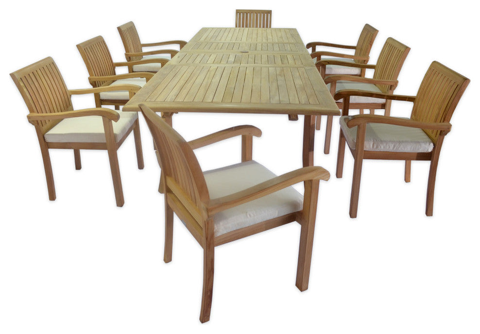 13-Piece Outdoor Teak Dining Set: 117" Rectangle Table, 12 Nain Stacking Chairs