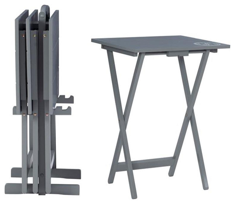Linon Lorie 5 Piece Tray Table Set Planked Top with Compass Design in Gray Wood