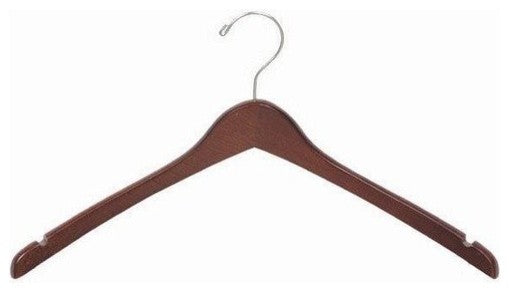 Contoured Wooden Coat Hanger, Walnut and Chrome, Set of 25