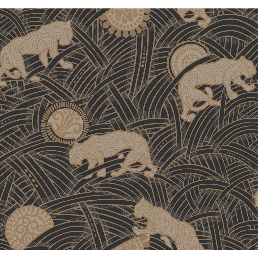 Tibetan Tigers Wallpaper, Black, Taupe, Gold